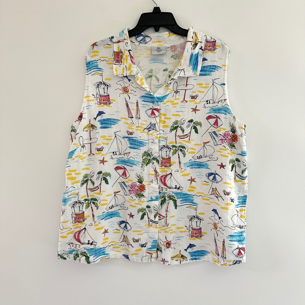 Hot Cotton Womens 100% Linen Sleeveless Button Up Top 2X Beach Novelty Print